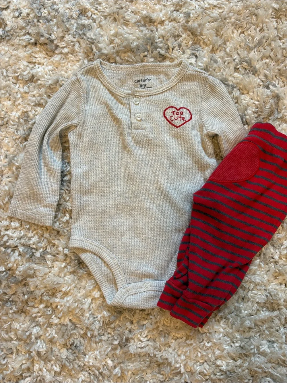 Carter's Cream Waffle Knit Bodysuit with Red & Navy Striped Pants